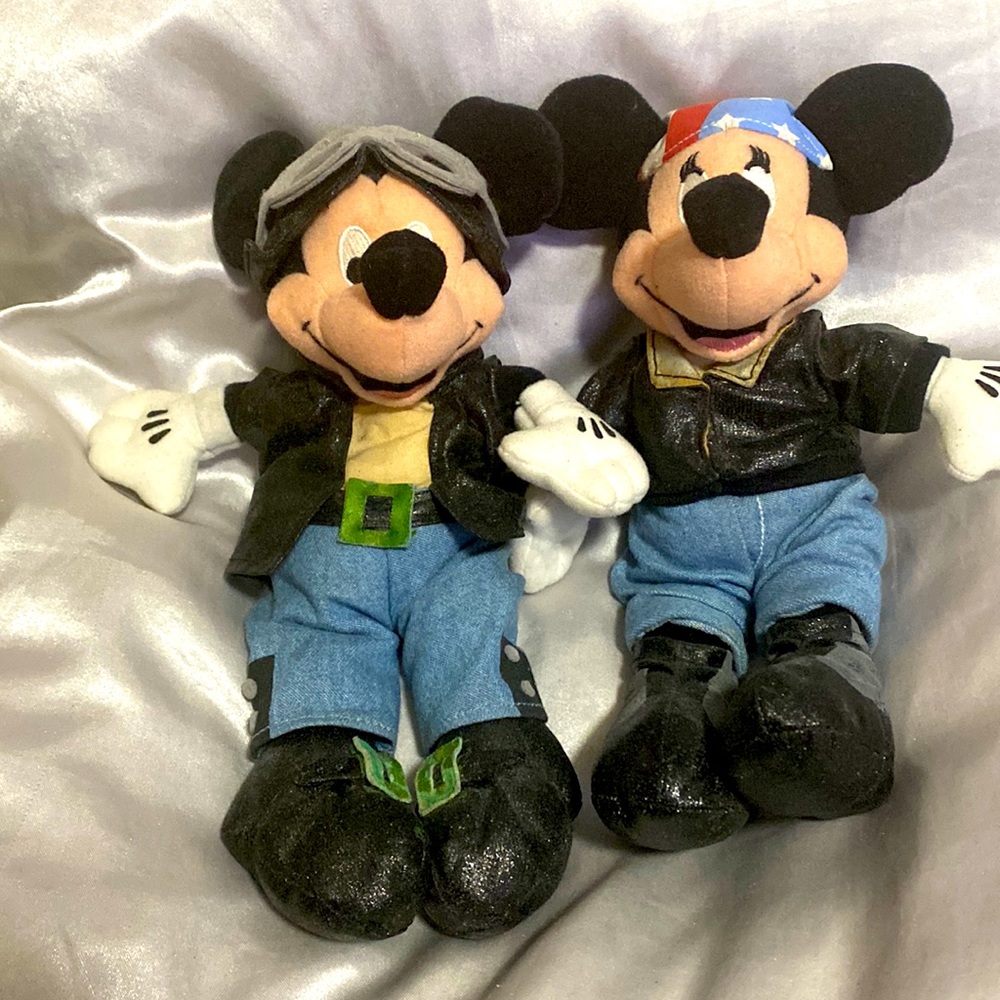 Set of Mickey and Minnie Mouse biker beanie babies